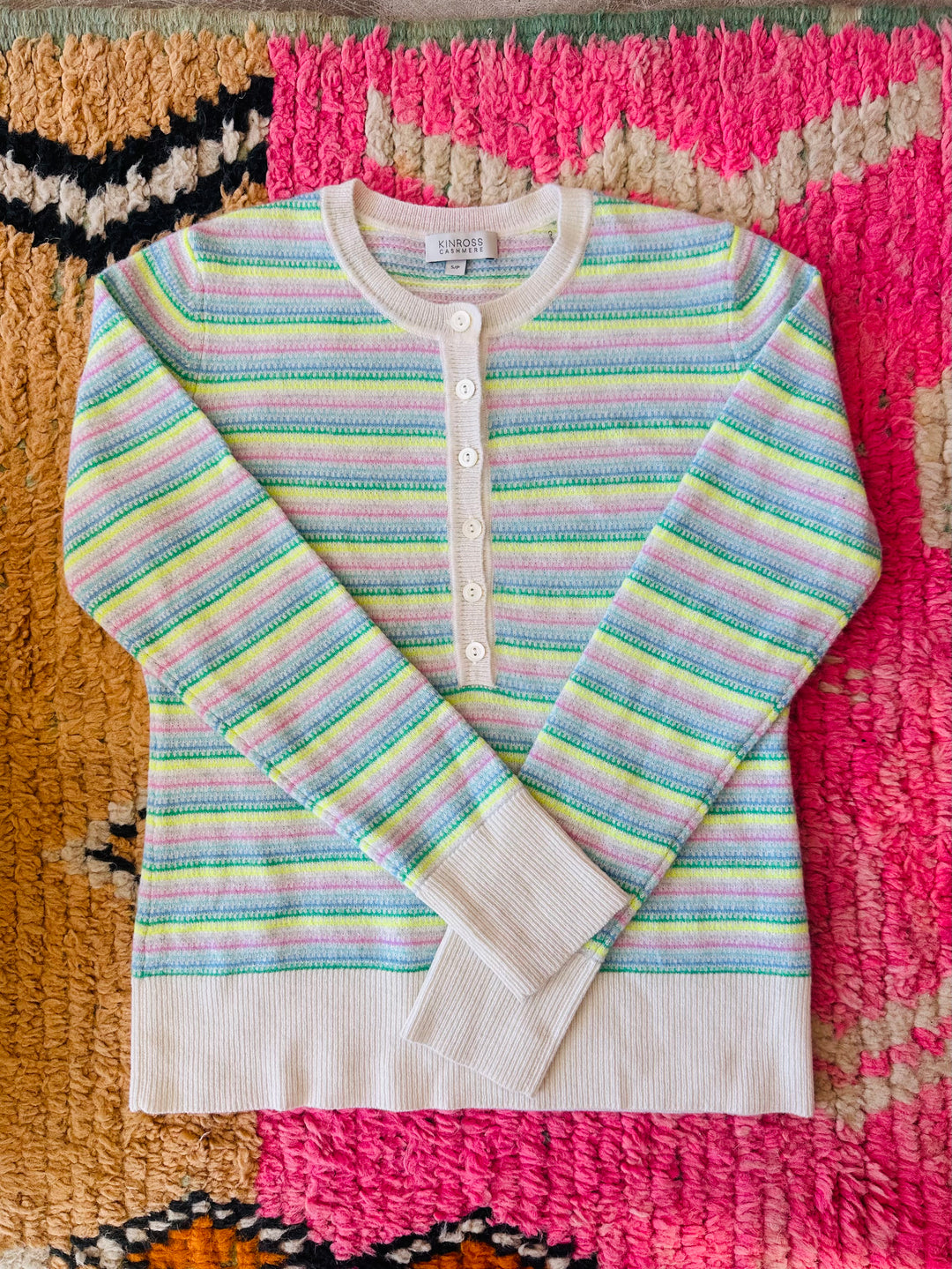 Kinross Cashmere Micro Stripe Henley, Sz S/P