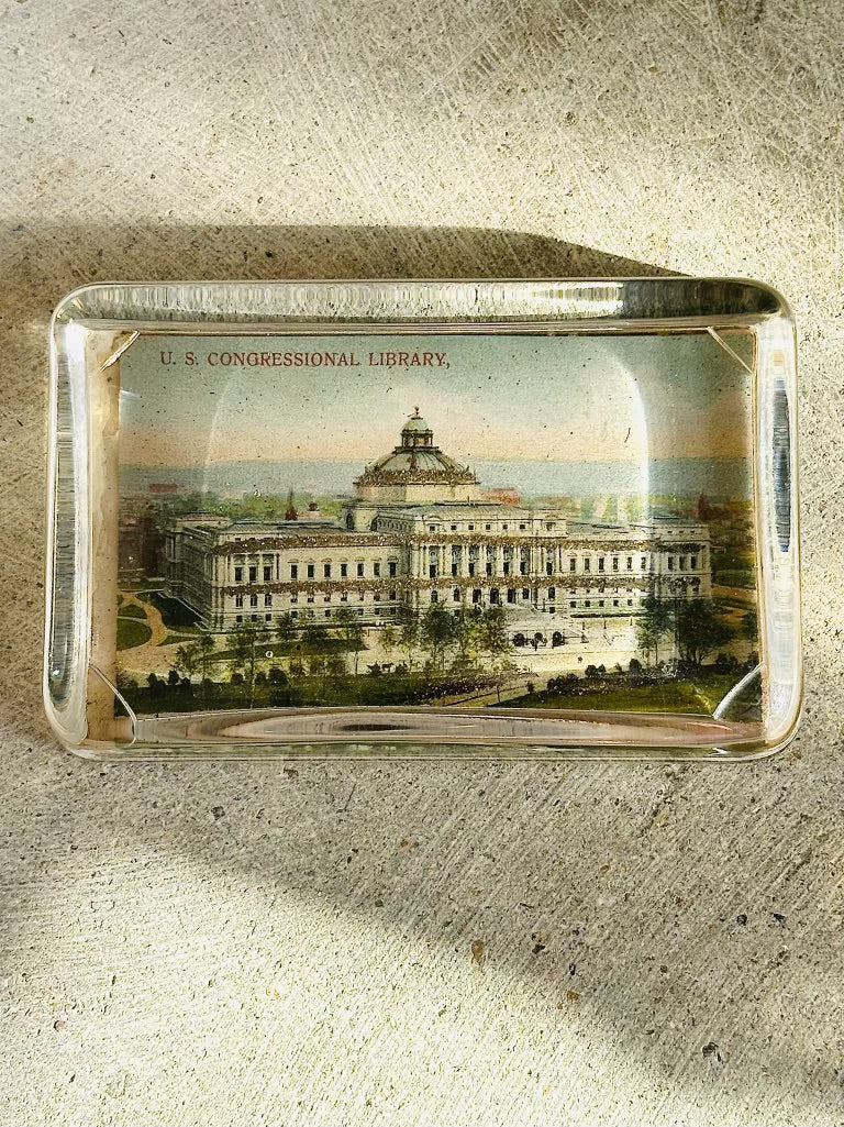 Antique Glass US Congressional Library Paperweight with Mirror on Back
