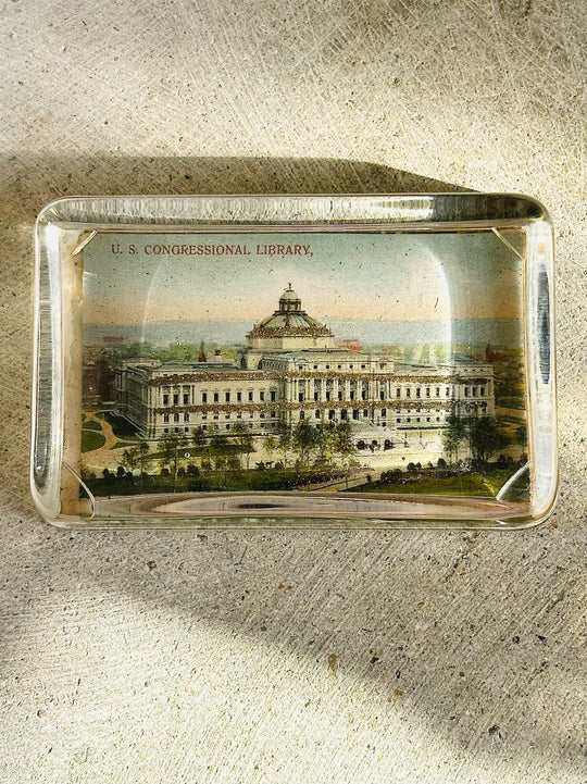 Antique Glass US Congressional Library Paperweight with Mirror on Back