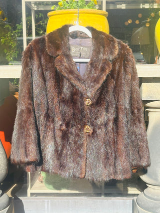 Antique Brown Mink Bon Ton Fur Coat with Silk Lining w Blue Flowers, Sz L