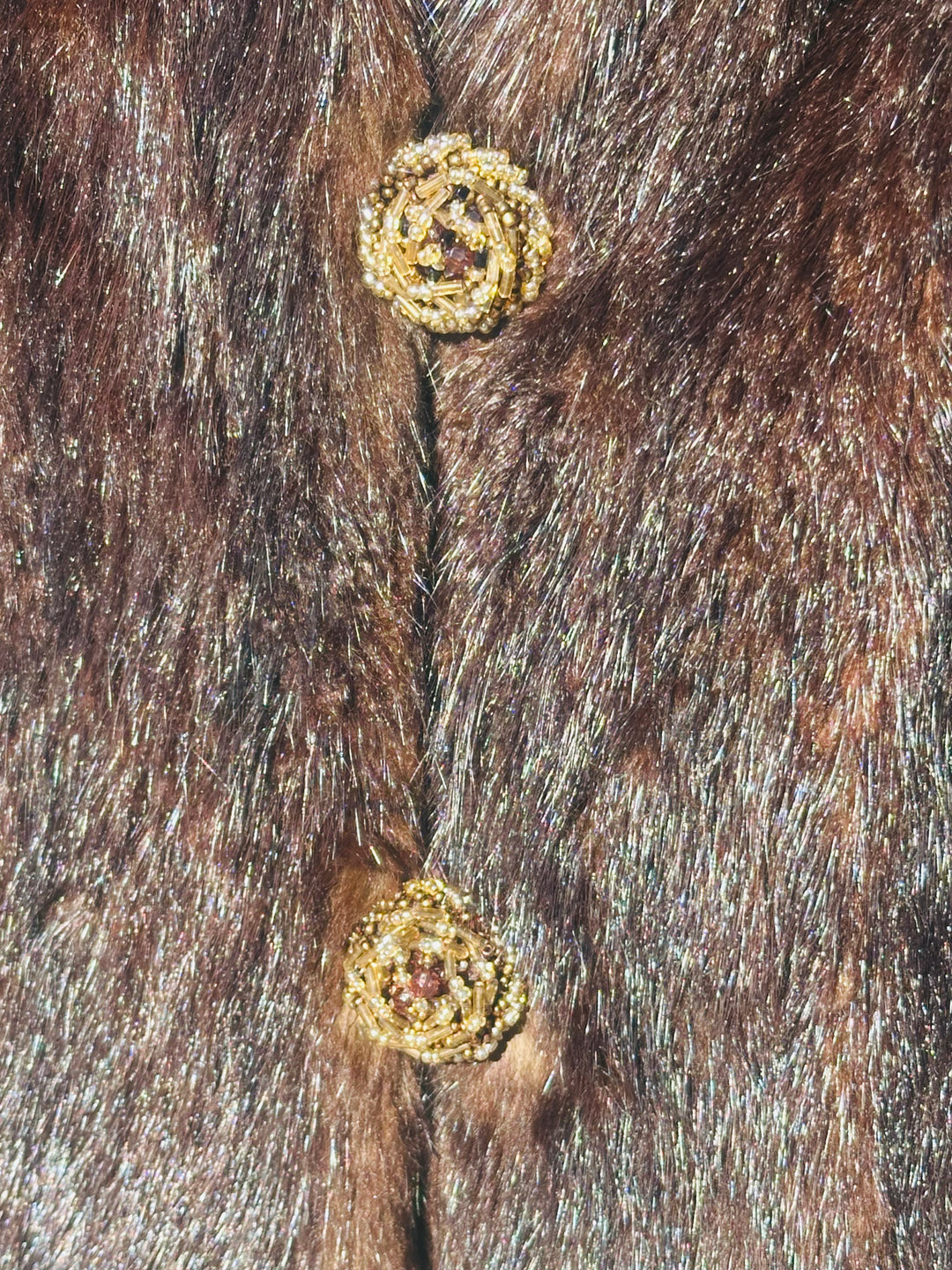 Antique Brown Mink Bon Ton Fur Coat with Silk Lining w Blue Flowers, Sz L