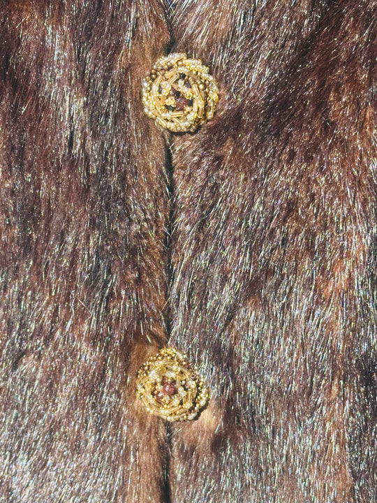Antique Brown Mink Bon Ton Fur Coat with Silk Lining w Blue Flowers, Sz L