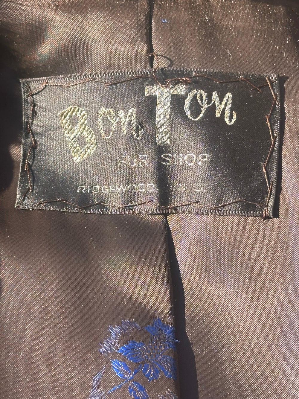 Antique Brown Mink Bon Ton Fur Coat with Silk Lining w Blue Flowers, Sz L