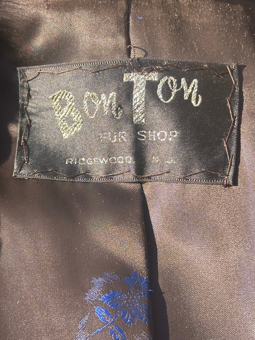 Antique Brown Mink Bon Ton Fur Coat with Silk Lining w Blue Flowers, Sz L