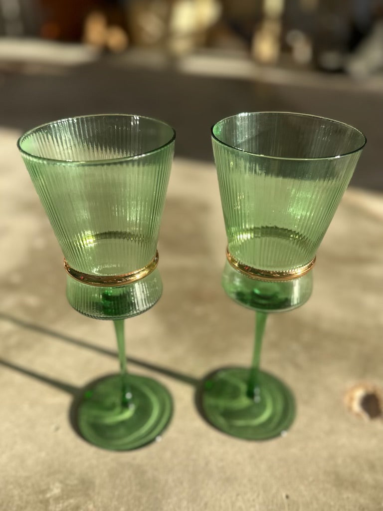 Green Glass Ribbed Wine Glasses with Gold Accents, Set (2)