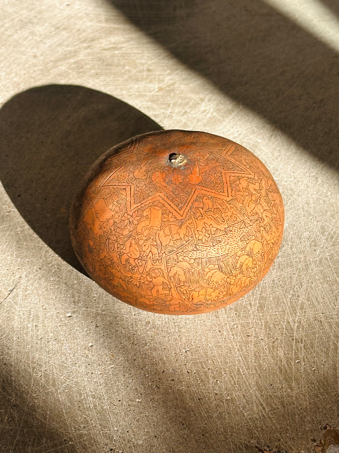 Vintage Peruvian Hand Carved Gourd Folk Art, Signed