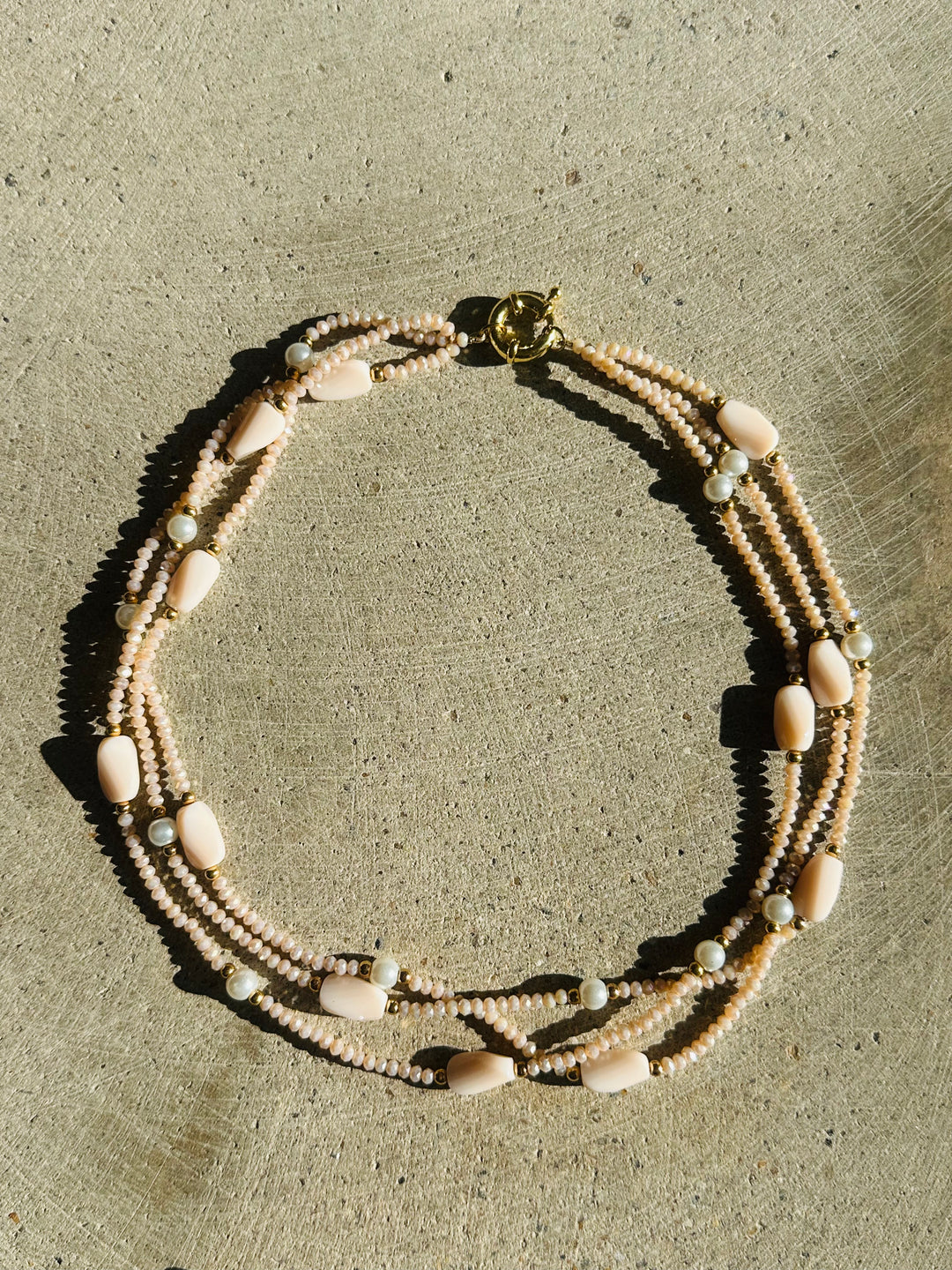 Short Pink Opalite & Pearl Multi Strand Necklace Handmade in Tuscany