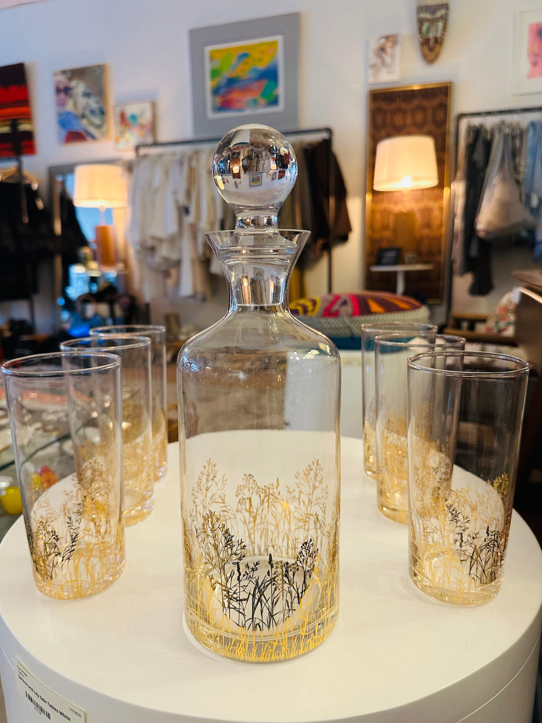 Vintage Decanter & 6 Glasses with Gold Trees, Set