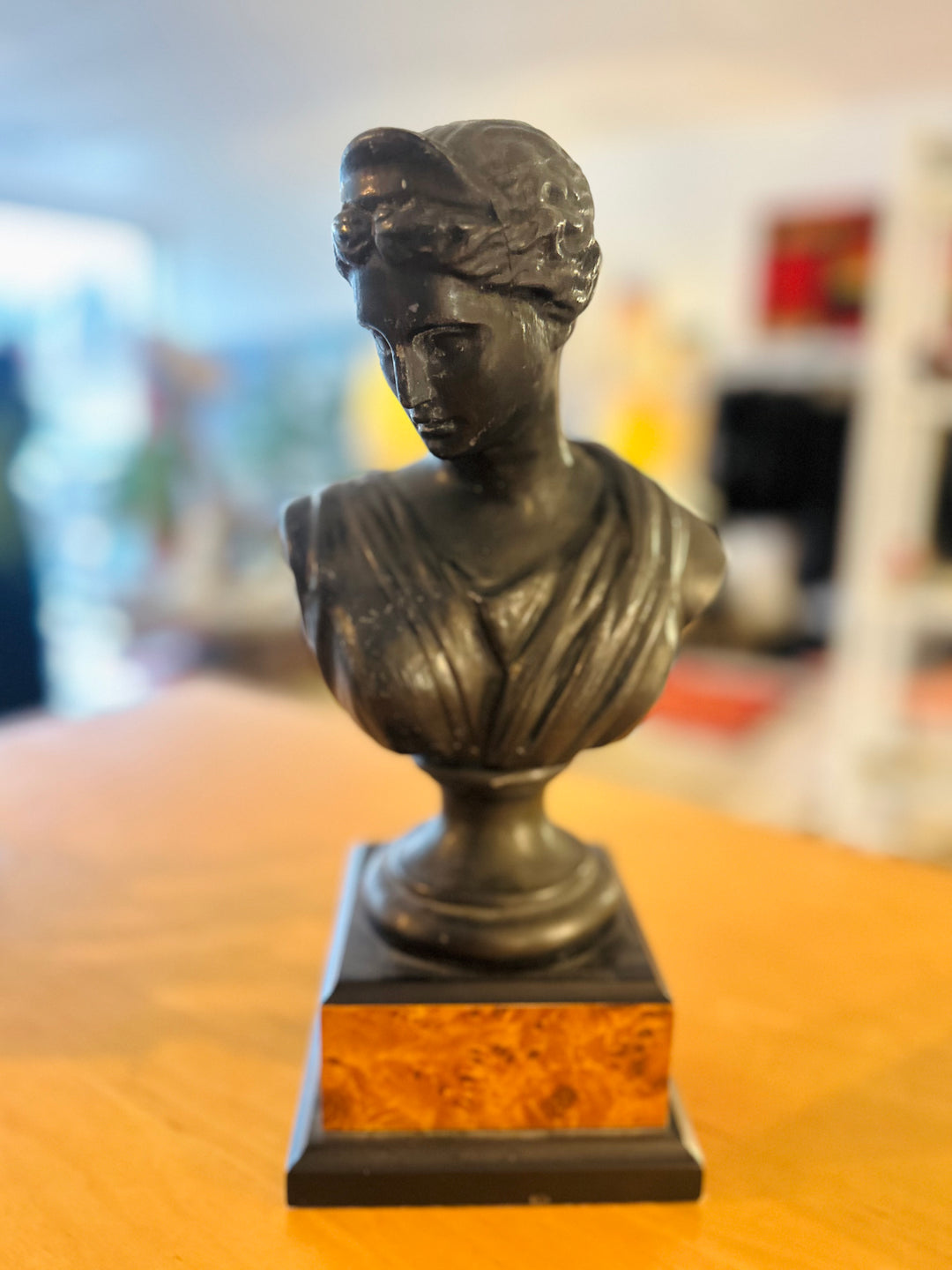 Roman Goddess Diana Ceramic Grecian Bust on Pedestal, 12"