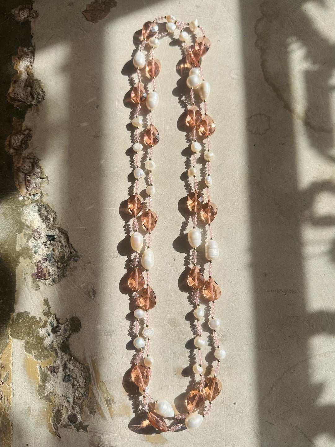 Long Double Strand Pearl & Pink Sea Glass Necklace Handmade in Tuscay