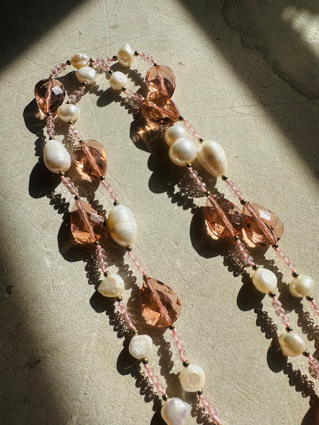 Long Double Strand Pearl & Pink Sea Glass Necklace Handmade in Tuscay