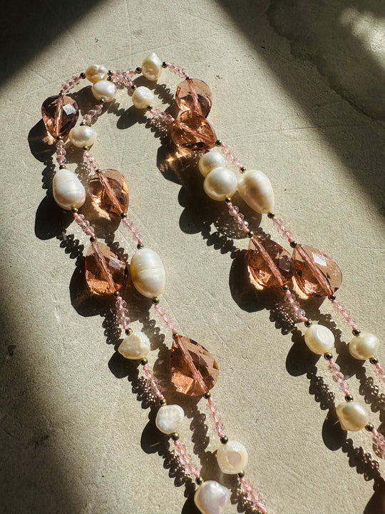 Long Double Strand Pearl & Pink Sea Glass Necklace Handmade in Tuscay