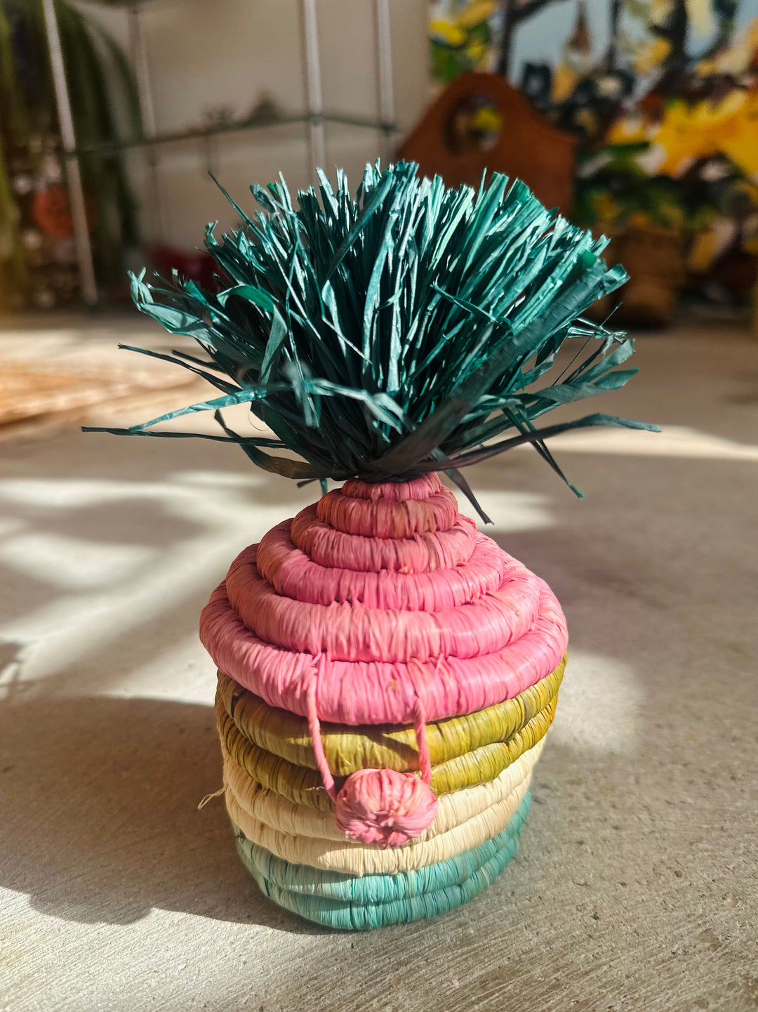Pink & Green Rattan Pom Pom Keepsake Box