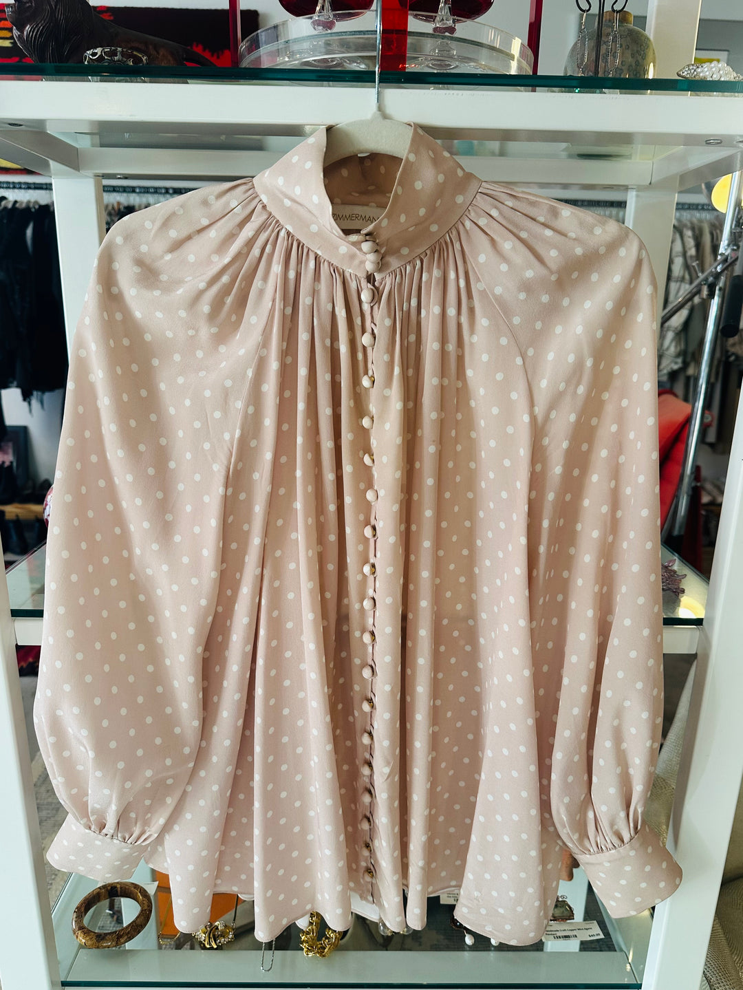 Zimmerman Pink Polka Dot Button Detail Blouse, Sz S