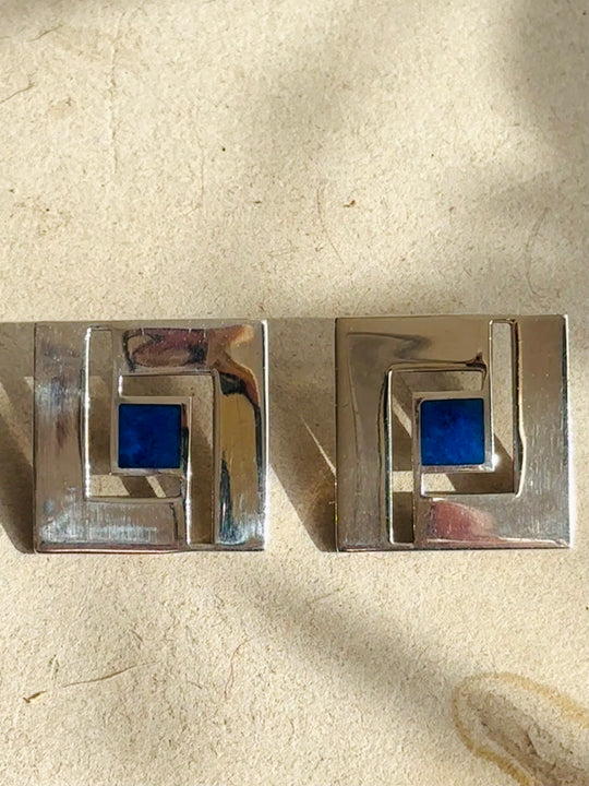 Vintage Brutalist Sterling Silver & Lapis Earrings